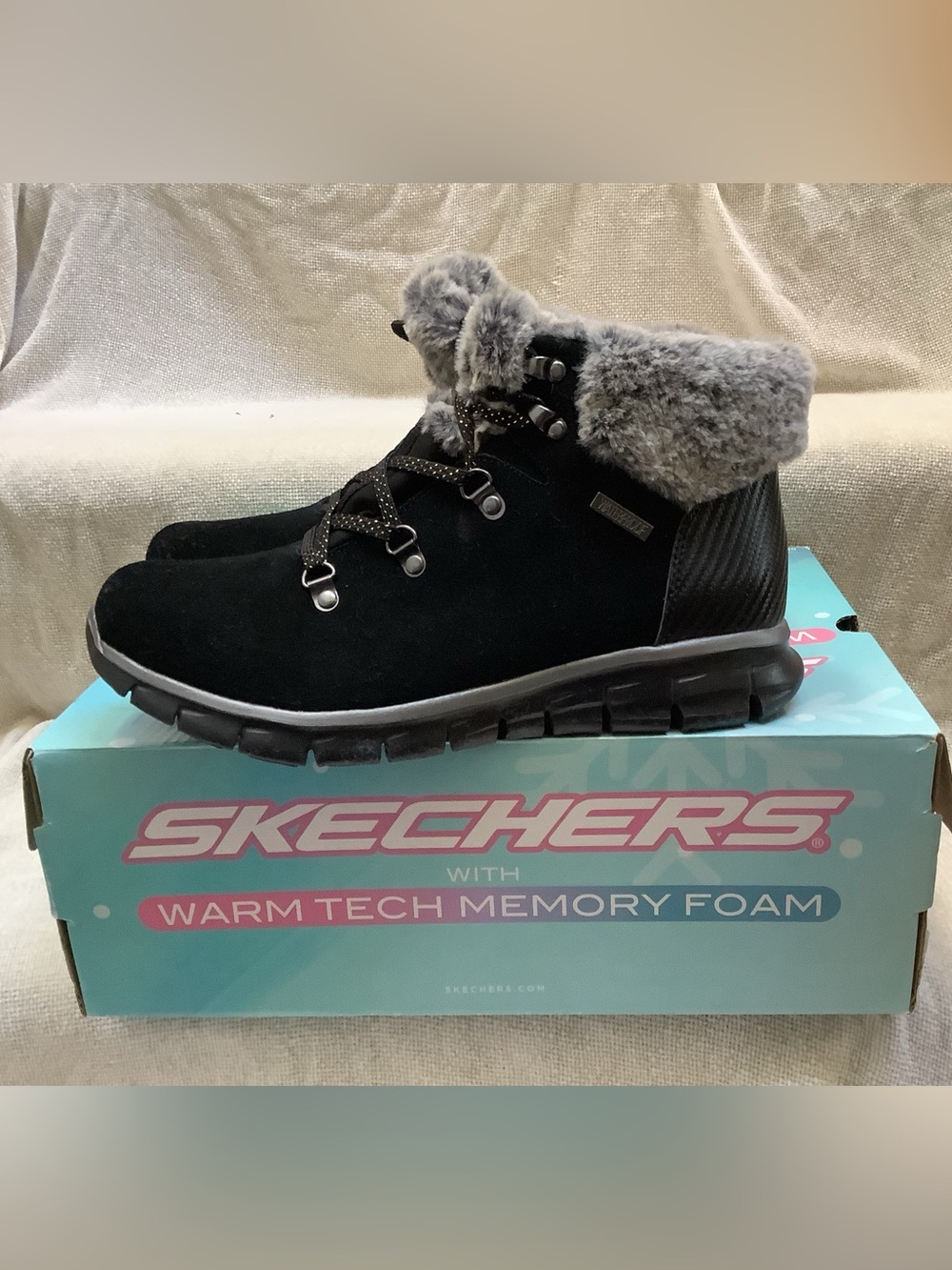 Skechers Cold Catcher Waterproof Snow Boots-Black Lace Up-Faux Fur Trim-9M-NWB